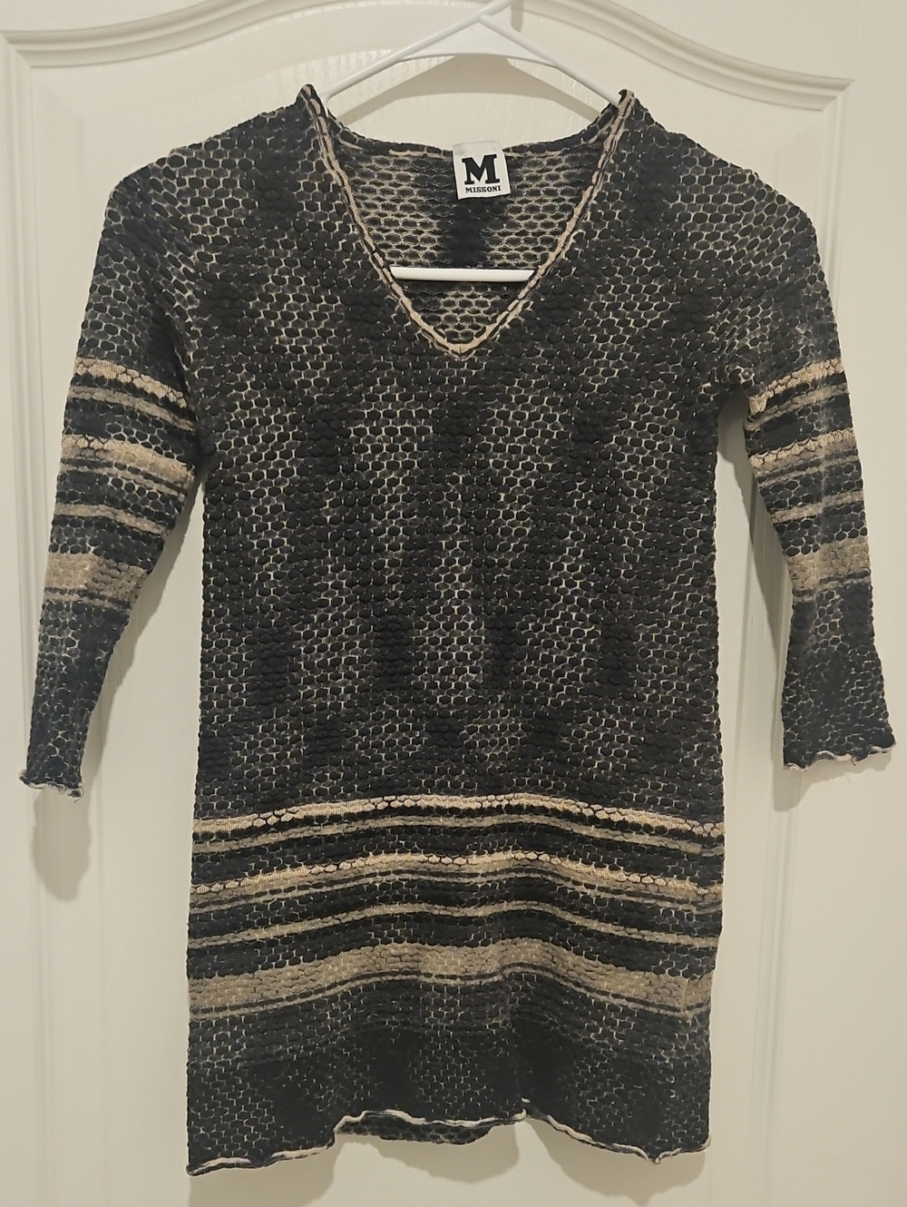 Missoni Girls Knit Dress Size 8 Black Beige Crochet Lurex Metallic V-Neck